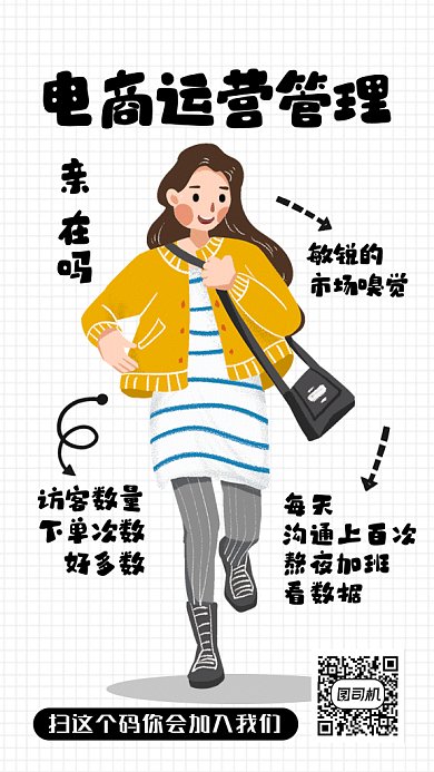電商運營管理招聘黃色插畫系列g(shù)if手機海報