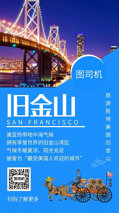 蓝色创意简约美国旧金山旅游手机海报