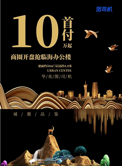 黑金高端大气房地产商圈开盘楼盘商场假山海报