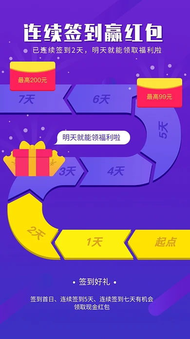 紫色创意连续签到赢红包海报