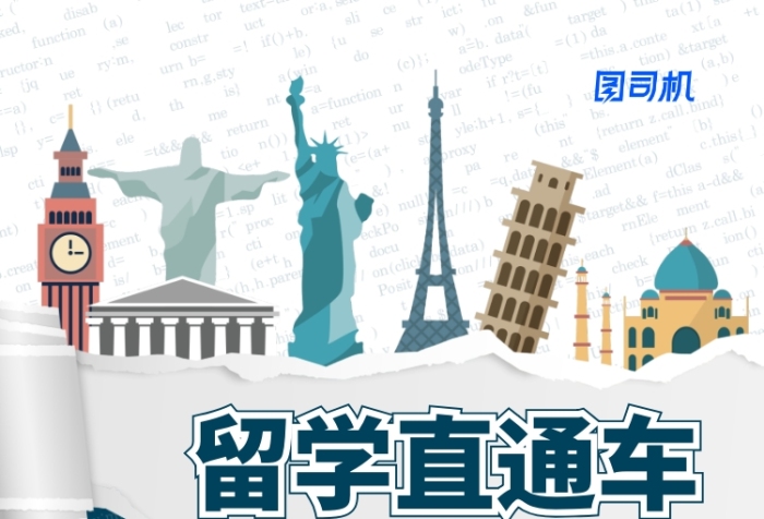 深綠色手繪卡通世界名勝建筑出國留學(xué)教育海報