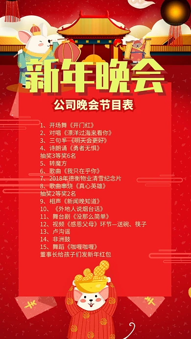 红色中国风卡通新年新春晚会节目表手机海报