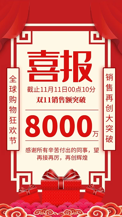 红色大气双十一销售额突破喜报手机海报