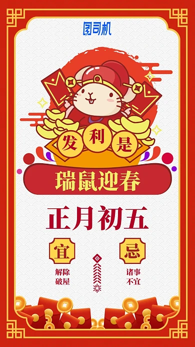 2020鼠年卡通日签日历初五手机海报