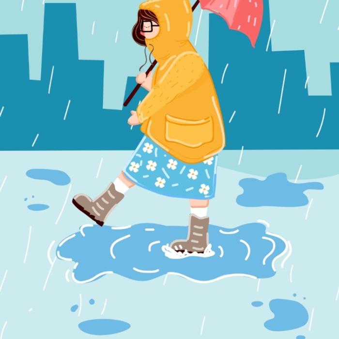 小清新人物雨中漫步的小女孩動畫手機壁紙海報
