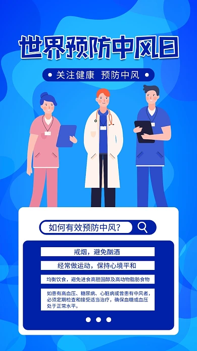 世界预防中风日蓝色扁平手机海报