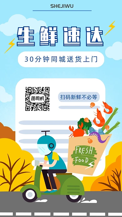 卡通手绘生鲜同城速递海报