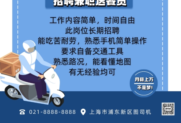 招聘藍(lán)色時(shí)尚兼職送餐員印刷海報(bào)