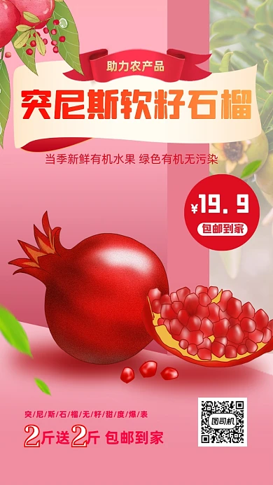 突尼斯软籽石榴有机水果手绘手机海报