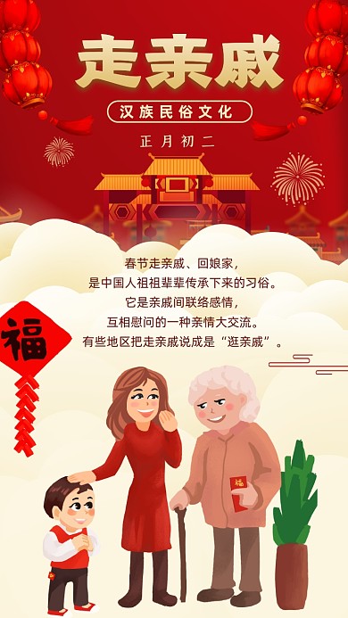 走親戚新年民俗手繪卡通手繪海報(bào)