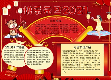 紅色快樂元旦2021手抄報(bào)小報(bào)