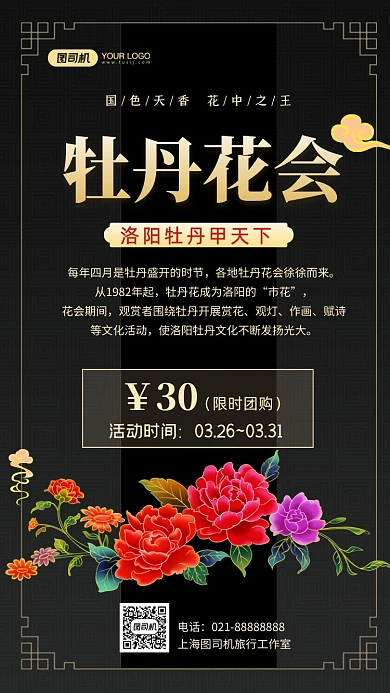 牡丹花会旅游中国风手机海报