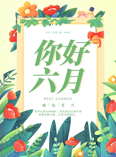 六月你好小清新绿色印刷海报