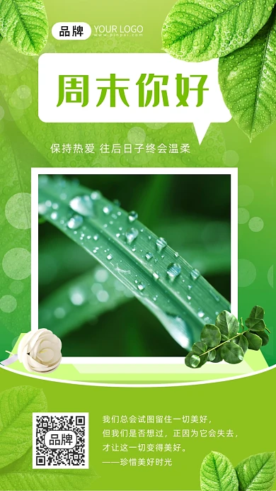 周末你好水滴绿叶露珠清新摄影图海报