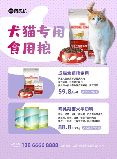 犬猫专用食品紫色简约印刷海报
