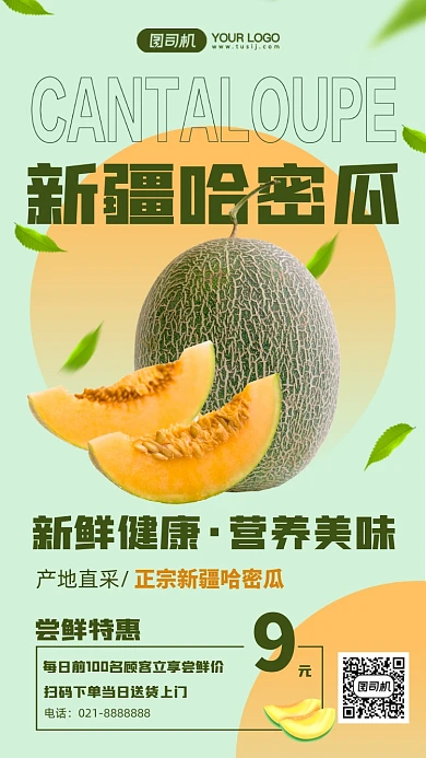 新疆哈密瓜清新简约手机海报