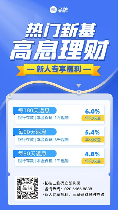 金融理财基金推荐蓝色简约手机海报