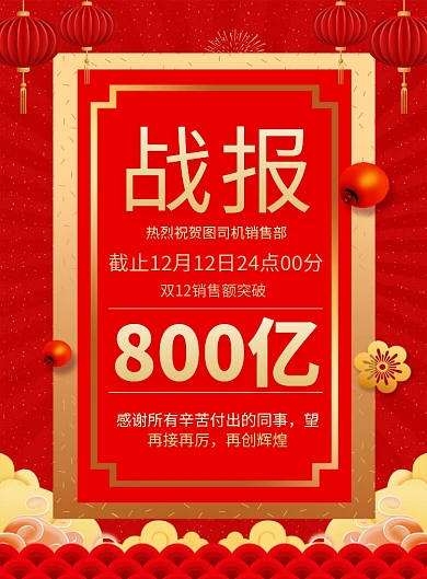 红色喜庆双十二销售额战报宣传海报