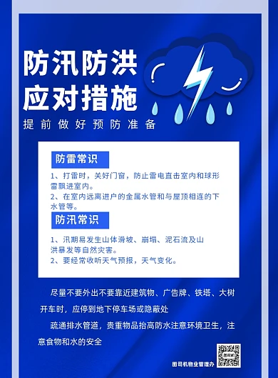 蓝色闪电防汛防洪应对措施印刷海报