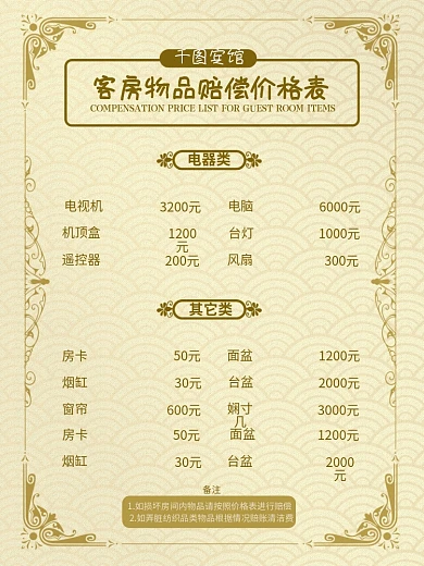 宾馆价格表