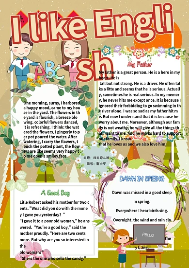 我爱英语卡通小学生学习英语小报模板