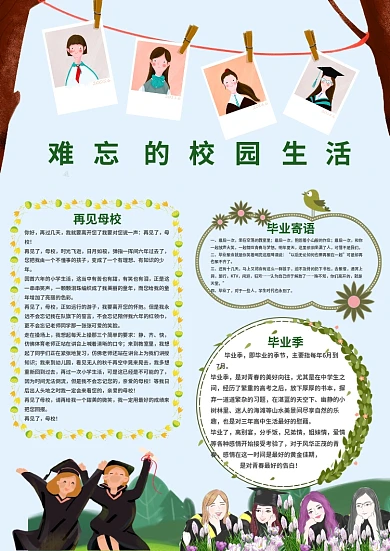 绿色卡通难忘的校园生活手抄报