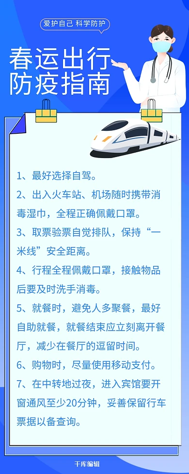 疫情防护春运出行防疫指南蓝色简约卡通营销长图