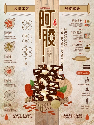 阿胶糕补血中药复古中国风插画海报原创