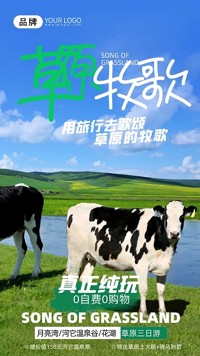 旅游出行草原分光奶牛摄影图海报
