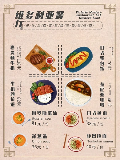 原创简约创意高端美味西餐菜单DM单页复古