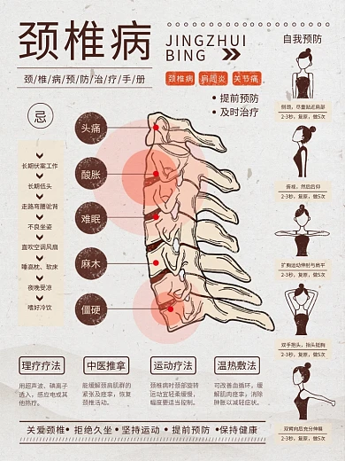 颈椎病预防治疗保健手绘插画海报