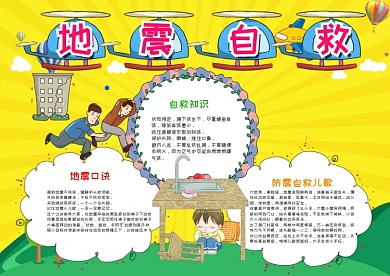黄色卡通地震自救漂亮手抄报模板