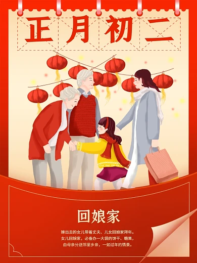 中国风春节习俗传统正月初二回娘家插画