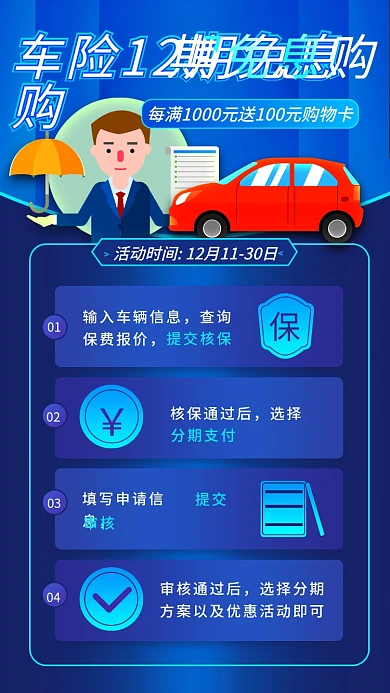 汽车服务营销车险12期免息购福利手机海报