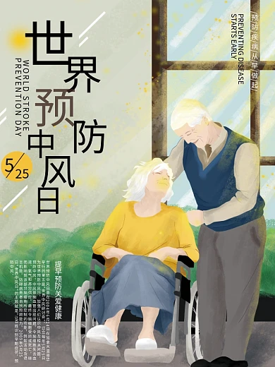 原创手绘插画世界预防中风日健康宣传海报