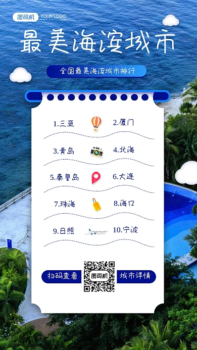 最美海滨城市排行摄影图宣传手机海报