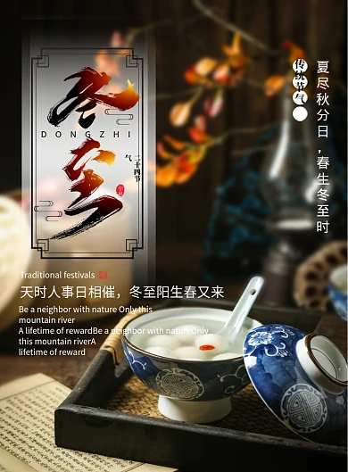 大气青花瓷汤圆冬至二十四节气海报