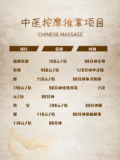 中医按摩推拿养生项目价格海报