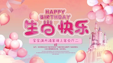 小清新宝宝宴生日快乐字梦幻城堡背景展板