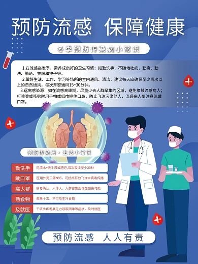 蓝色插画医护预防冬季流感海报