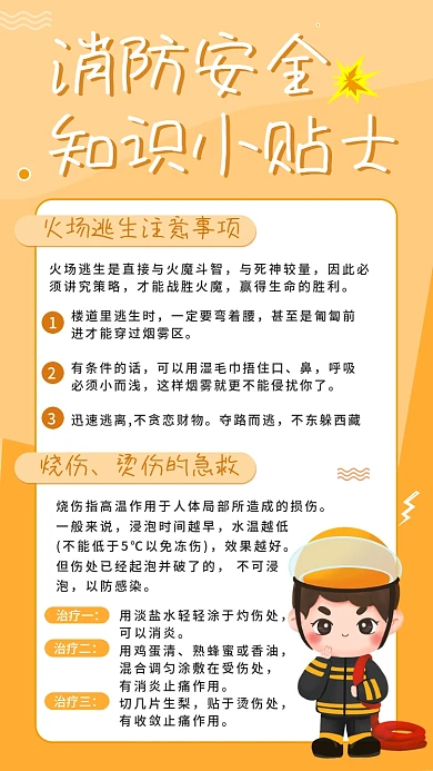 烫伤急救火灾逃生消防安全知识科普手机海报