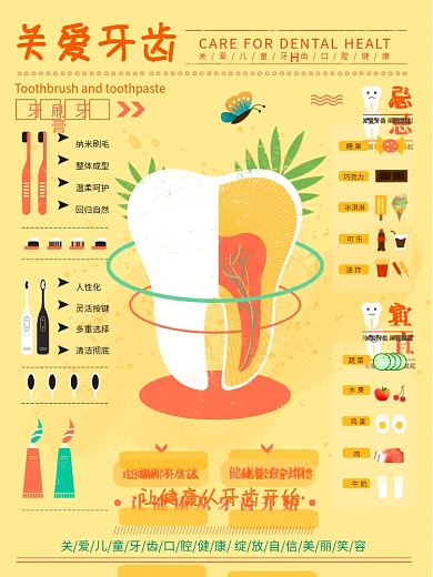 关爱保护儿童牙齿口腔健康手绘插画海报