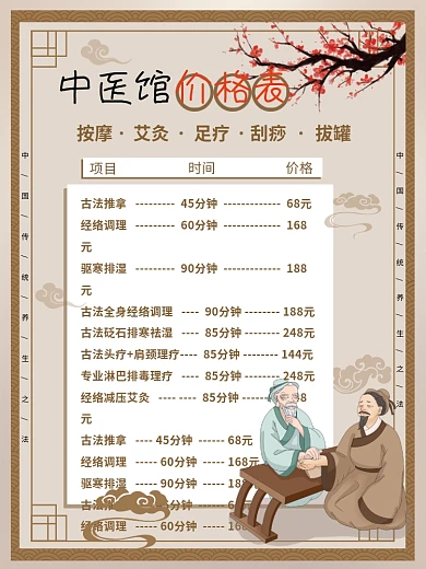 复古中医馆医疗针灸理疗健康价格表宣传海报