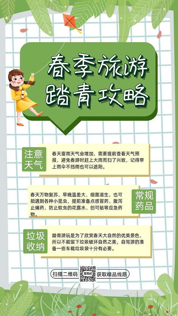 春季旅游攻略綠色卡通營銷手機海報