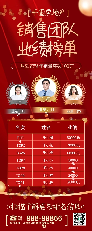 红色简约房地产销售业绩榜单龙虎榜长图海报