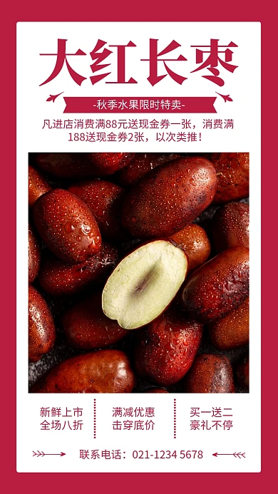 红色大红长枣秋季水果促销宣传海报
