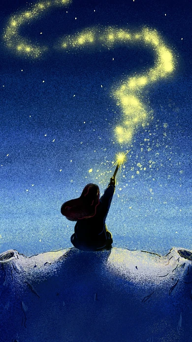 蓝色治愈魔法女孩月球时尚彩绘星空手机壁纸海报