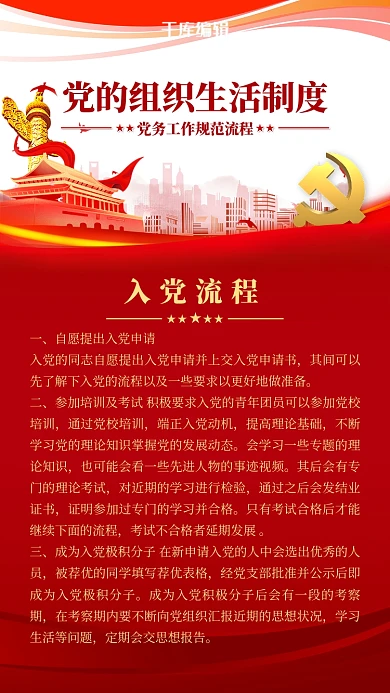 党建制度入党流程红色简约海报