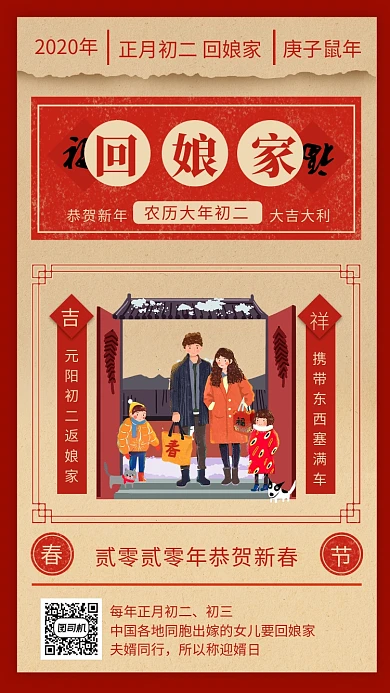 红色复古正月初二回娘家春节习俗手机海报