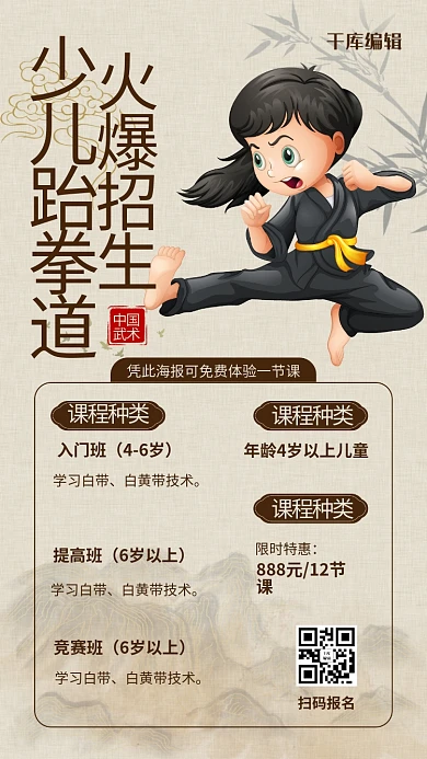 少儿跆拳道跆拳道女孩灰色中国风手机海报